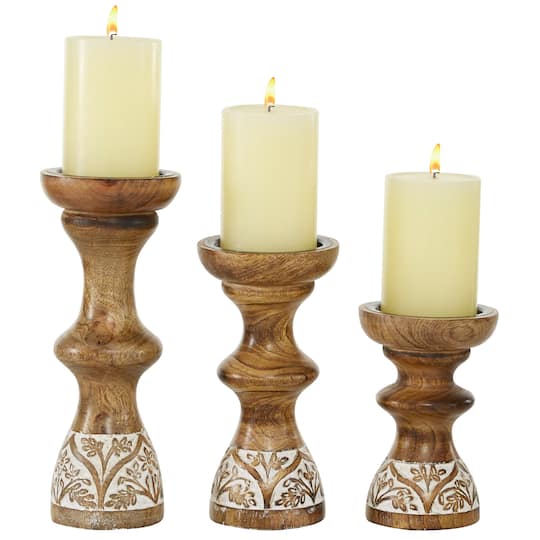 Brown Mango Wood Country Candle Holder Set